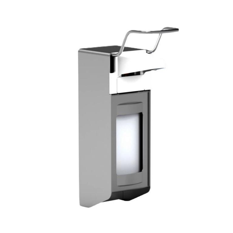 Image Universalspender für 500-ml-Standardflaschen | kurzer Hebel, abschließbar Armhebelspender aus Aluminium, mattsilber eloxiert, mit nach vorn herausnehmbarer Pumpe