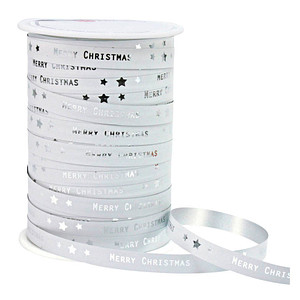 Image PRÄSENT Geschenkband Merry Christmas matt weiß/silber 10,0 mm x 100,0 m