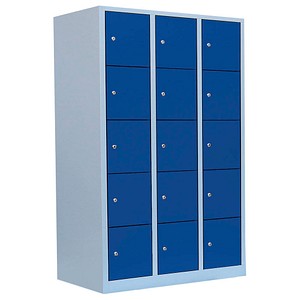 Image LÜLLMANN Schließfachschrank lichtgrau, enzianblau 523531, 15 Schließfächer 118,5 x 50,0 x 180,0 cm