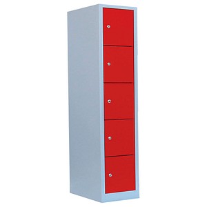 Image LÜLLMANN Schließfachschrank lichtgrau, feuerrot 523514, 5 Schließfächer 41,5 x 50,0 x 180,0 cm