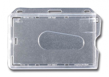 Image Kartenhalter / Cardholder / Namensschild,passend für 1 Karte, mit Daumenaussparung, mit Ründlöchern und Langloch, aus Polykarbonat, Farbe: transparent matt - 100 Stück