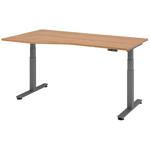 Image HAMMERBACHER VXDSM18 elektrisch höhenverstellbarer Schreibtisch nussbaum Trapezform, T-Fuß-Gestell grau 180,0 x 100,0 cm