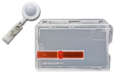 Image Kartenhalter / Cardholder / Namensschild, passend für 1 Karte, mit rotem Ausschieber, mit Rundlöchern und Langloch, aus Polykarbonat, inkl. Jojo Ausweishalter mit Runder Form und Druckknopfschlaufe, Farbe: transparent matt/weiss - 20 Stück