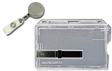 Image Kartenhalter / Cardholder / Namensschild, passend für 1 Karte, mit schwarzem Ausschieber, mit Rundlöchern und Langloch, aus Polykarbonat, inkl. Jojo Ausweishalter mit Runder Form, Gürtelclip und Druckknopfschlaufe, aus Metall, Farbe: transparent matt/silb