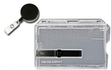 Image Kartenhalter / Cardholder / Namensschild, passend für 1 Karte, mit schwarzem Ausschieber, mit Rundlöchern und Langloch, aus Polykarbonat, inkl. Jojo Ausweishalter mit Runder Form, Gürtelclip und Druckknopfschlaufe, aus Metall, Farbe: transparent matt/schw