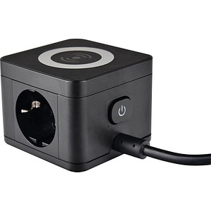 Image as-Schwabe QI-Wireless Ladestation 2-fach Steckdosenturm 1,5 m schwarz mit USB-Buchse