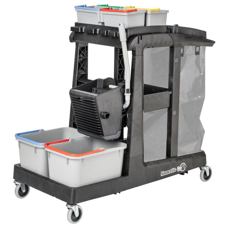 Image Reinigungswagen "EcoMatic EM 3A", anthrazit | 2 x 17 Liter inklusive 120 Liter Abfalleinheit, 4 x 5 Liter Oberflächeneimer, Universalpresse