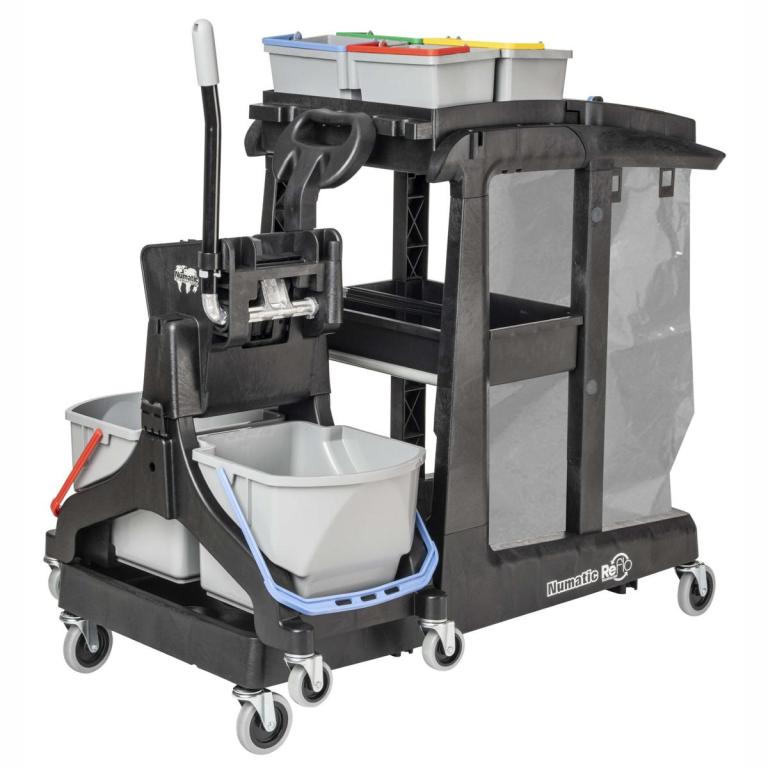 Image Reinigungswagen "EcoMatic EM 3B", anthrazit | 2 x 16 Liter inklusive 120 Liter Abfalleinheit, 4 x 5 Liter Oberflächeneimer, mit Doppelfahrwagen MidMop Black