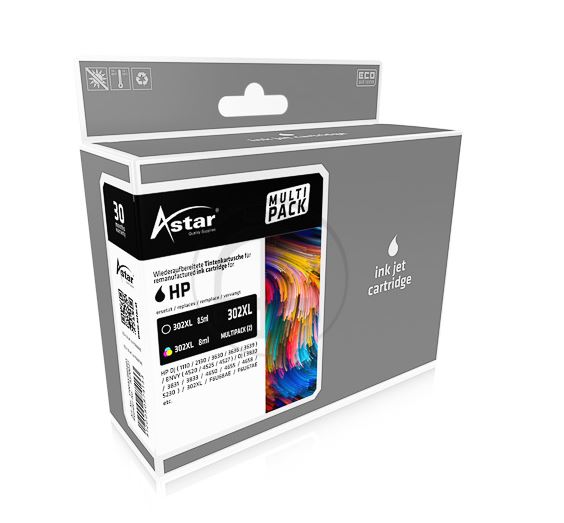 Image ASTAR AS70027 HP OJ3830 TINTE (2) K COL F6U68AE/F6U67AE/302XL 1x8,5/1x8ml (AS70