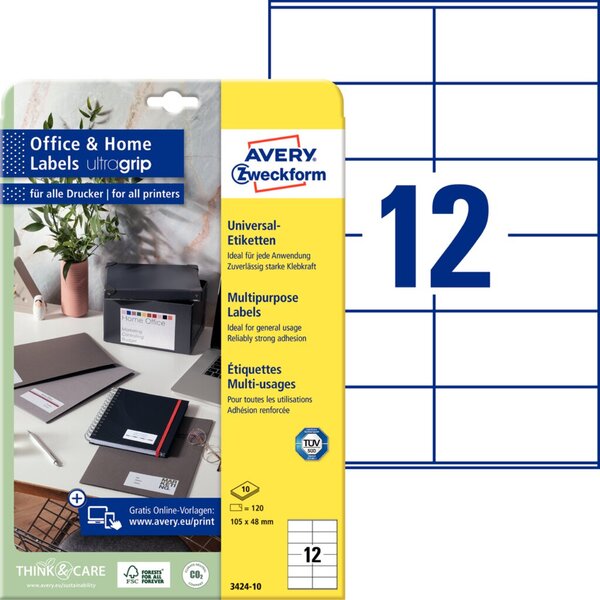 Image AVERY ZWECKFORM 120 Etiketten 3424-10 weiß 105,0 x 48,0 mm (3424-10)