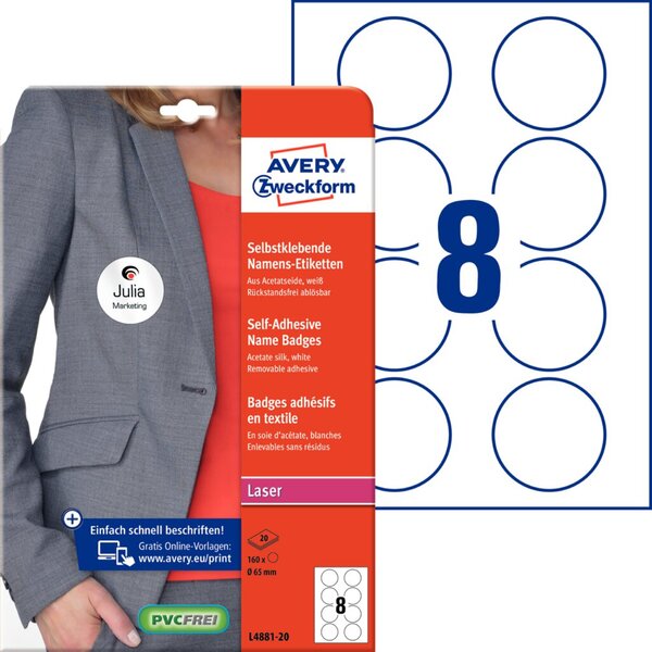 Image AVERY ZWECKFORM 160 Namensetiketten L4881-20 weiß 65,0 x 65,0 mm (L4881-20)