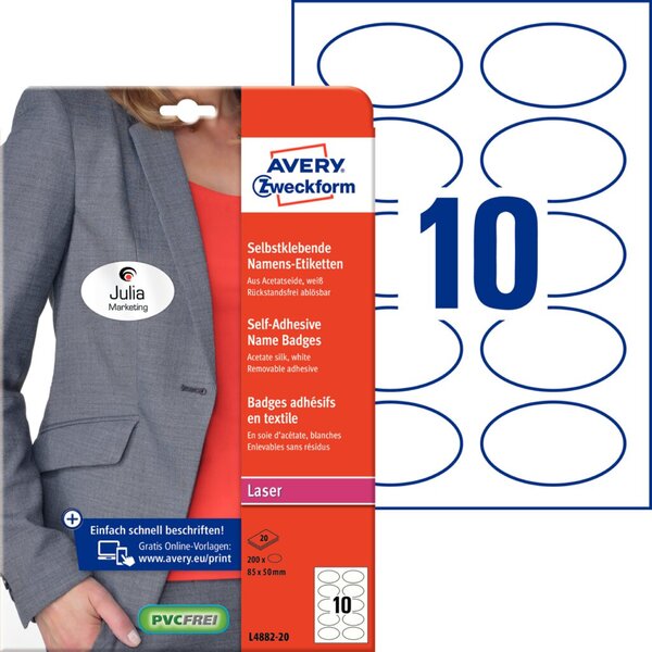 Image AVERY ZWECKFORM 200 Namensetiketten L4882-20 weiß 85,0 x 50,0 mm (L4882-20)
