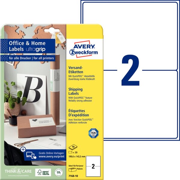 Image AVERY ZWECKFORM 20 Versandetiketten 7168-10 weiß 199.6 x 143.5 mm (7168-10)