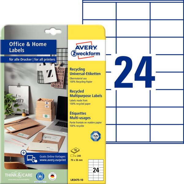 Image AVERY ZWECKFORM 240 Etiketten LR3475-10 weiß 70.0 x 36.0 mm (LR3475-10)