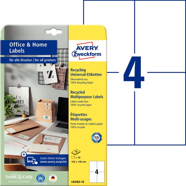 Image AVERY ZWECKFORM 40 Etiketten LR3483-10 weiß 105.0 x 148.0 mm (LR3483-10)