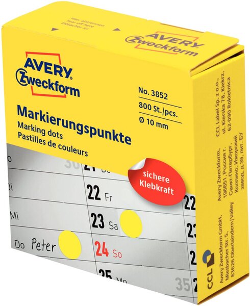 Image AVERY ZWECKFORM Markierungspunkte gelb; 1 Rolle = 800 St.
