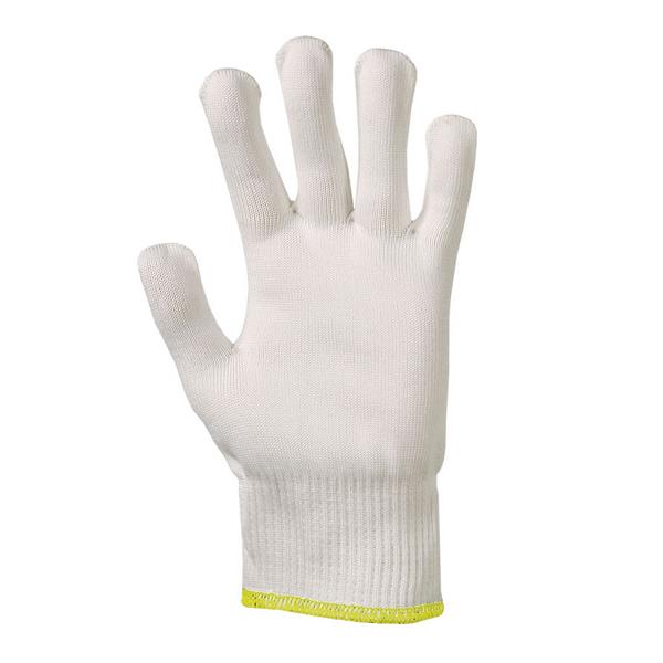 Image Arbeitsschutzhandschuh/Strickhandschuhe Kategorie I, schnitthemmend, leichte Qualität, optisch weiß | Größe 10 gelber Rand außen Polyamidseide (PAS), innen Baumwolle (CO), EN420, EN388:2003 Mechanische Risiken: 2140