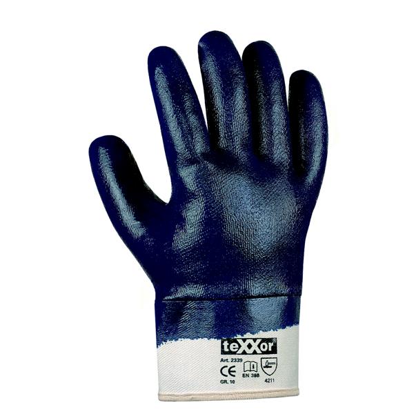 Image Arbeitsschutzhandschuhe Nitril vollbeschichtet, mit Stulpe, blau | Größen: 7 - 11 <br>gemäß EN 388 - Kategorie 2