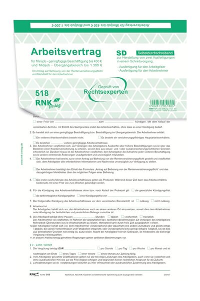 Image Arbeitsvertrag Teilzeit-Beschäftigte SD, 2 x 2 Blatt, DIN A4