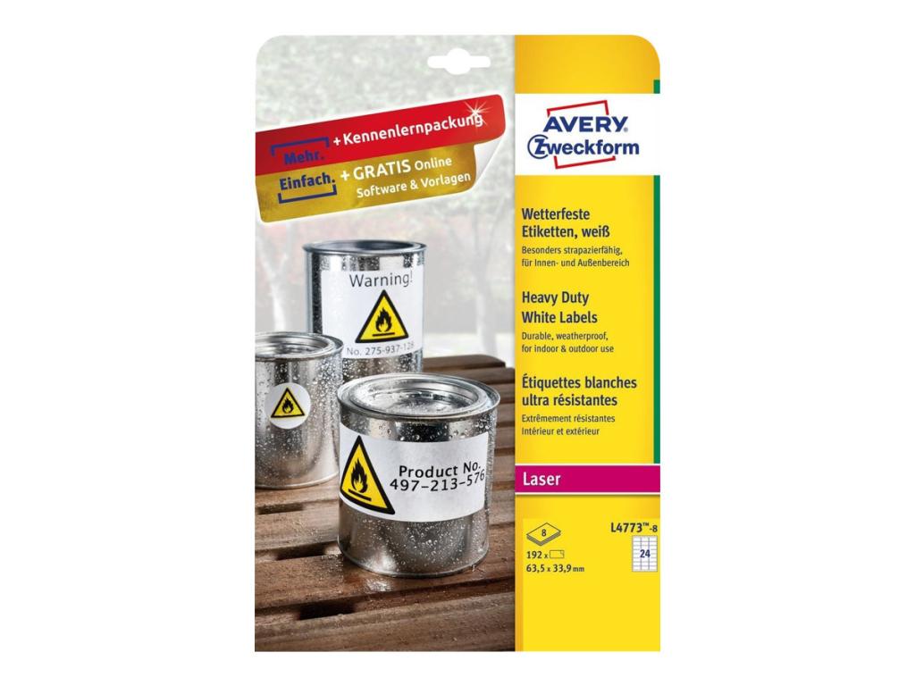 Image Avery Zweckform L4773-8. Produktfarbe: Weiß, Form: Abgerundetes Rechteck, Klebe