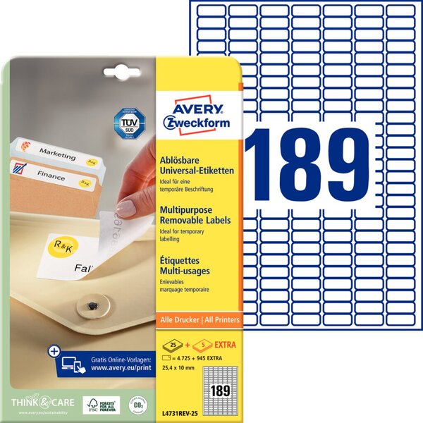 Image Avery Zweckform Mini-Etiketten für Preisauszeichnung L4731REV-25, 4 x 10 mm, 25