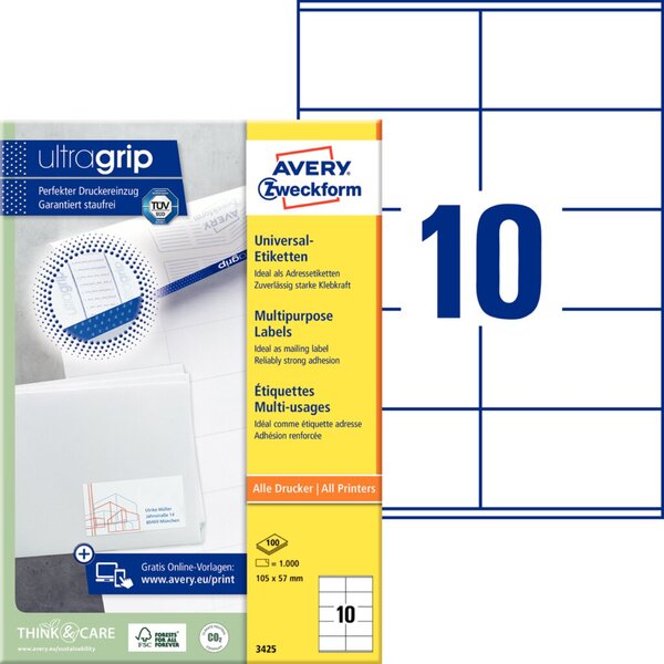 Image Avery Zweckform Universal-Etiketten 3425, 105 x 57 mm, 1000 Etiketten, weiß