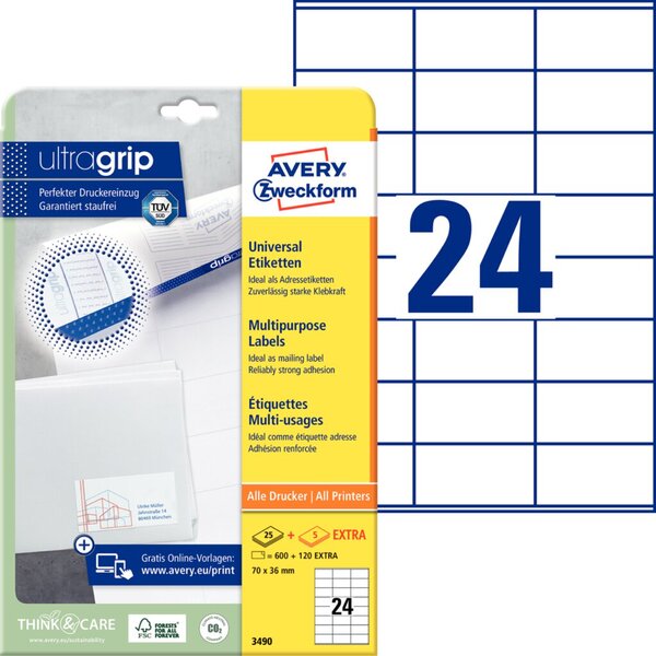 Image Avery Zweckform Universal-Etiketten 3490, 70 x 36 mm, 600 Etiketten, weiß