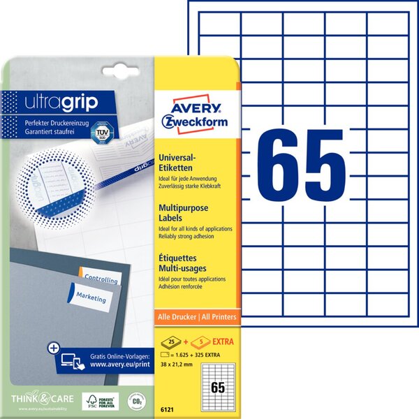 Image Avery Zweckform Universal-Etiketten 6121, 38 x 21,2 mm, 1625 Etiketten, weiß