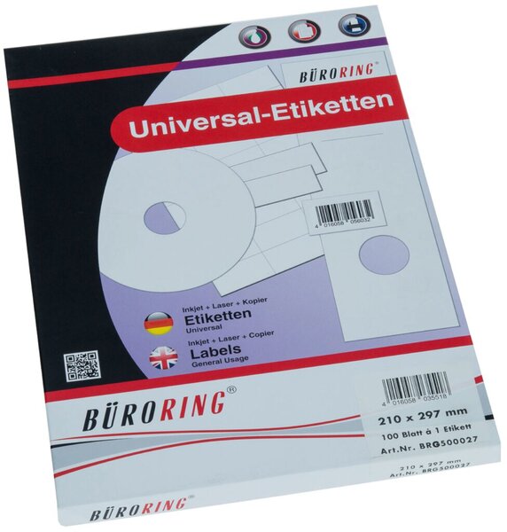 Image Büroring Etiketten, A4, 210 x 297mm, 100 Etiketten