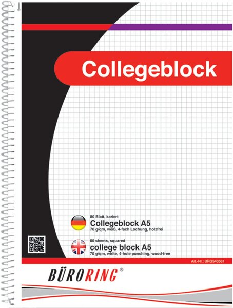 Image Büroring Collegeblock, A5/80 Blatt, kariert, holzfrei, weiß, 70g/qm