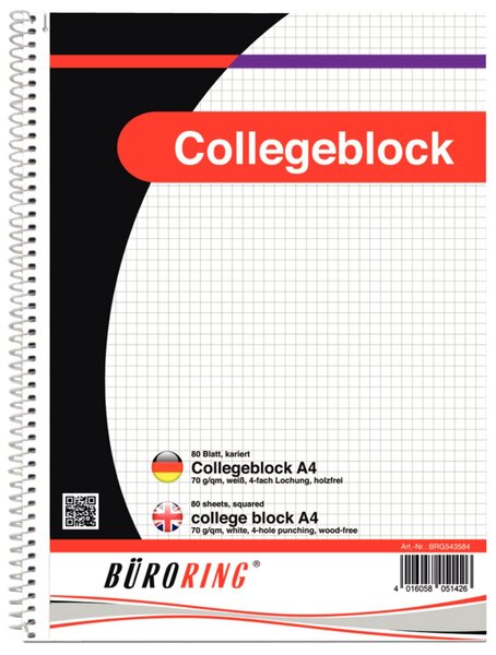 Image Büroring Collegeblock A4/80 Blatt kariert, holzfrei, weiß, 70g/qm