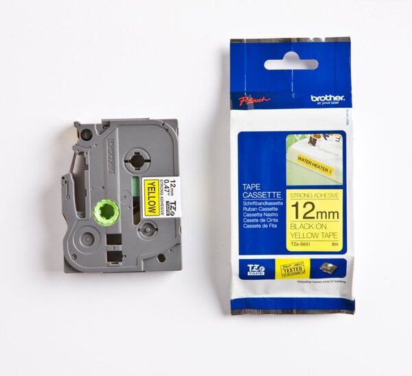 Image BROTHER TZS631 Spezialband 12mm 8m gelb schwarz extra-stark-klebend fuer Beschr