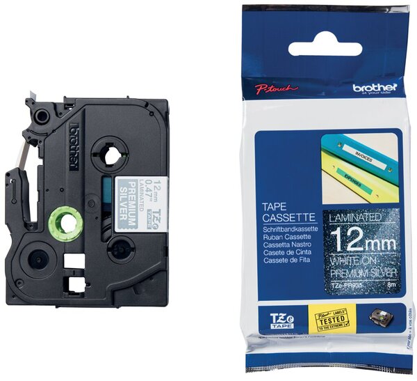 Image Farbb. P-Touch, 12mm/8m, silber/weiß laminiert