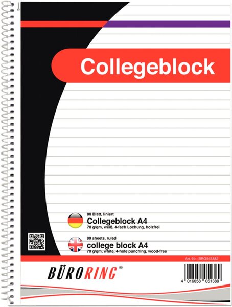 Image Büroring Collegeblock A4/80 Blatt liniert, holzfrei, weiß, 70g/qm