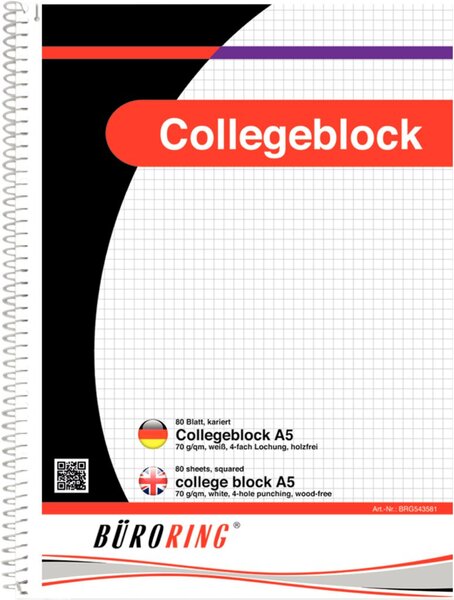 Image Büroring Collegeblock, A5/80 Blatt, kariert, holzfrei, weiß, 70g/qm