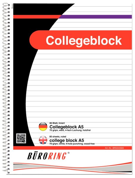 Image Büroring Collegeblock A5/80 Blatt liniert, holzfrei, weiß, 70g/qm