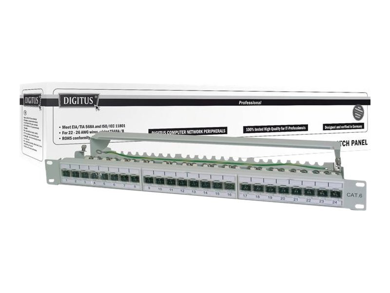 Image DIGITUS Patch Panel 48,3cm 19Zoll 24Port Cat6a geschirmt grau RAL7035 Kabelinst