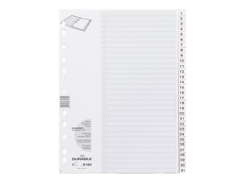 Image DURABLE Kunststoff-Register, Zahlen, A4, 31-teilig, 1 - 31 grau, mit geprägten 