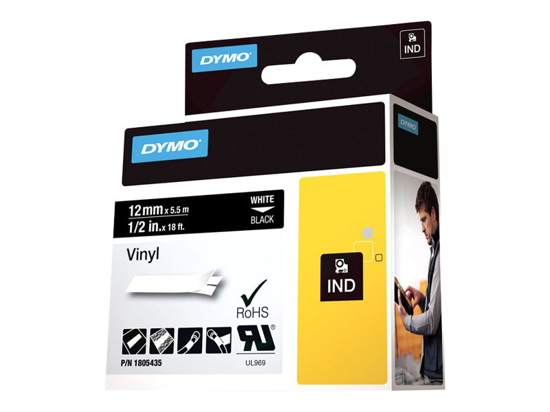 Image DYMO Rhino Band Vinyl weiss auf schwarz 12 mm x 5,5 m