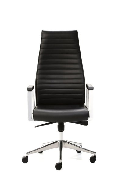 Image Drehsessel DELUXE Leder schwarz hoher Rücken, Chromarmlehnen mit