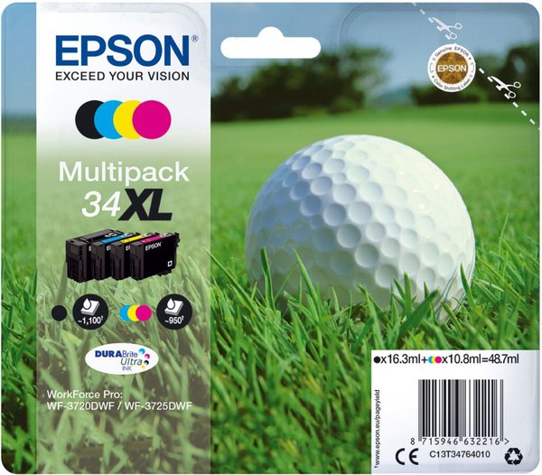 Image EPSON 34XL 4er Pack XL Schwarz, Gelb, Cyan, Magenta Tintenpatrone