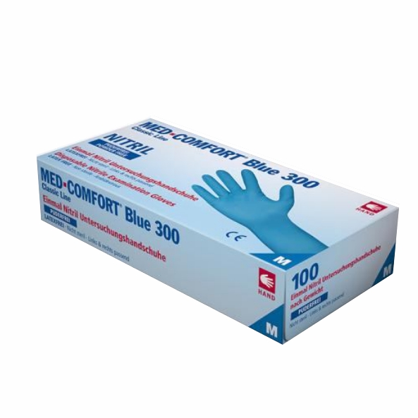 Image Einweghandschuhe Nitril puderfrei, blau, 30 cm lang, "Med-Comfort Blue 300", 100 Stück/Box | Größe L <br>Nitril-Untersuchunghandschuh, AQL 1,5, ISO 374-1/Typ B, EN 455, EN-ISO 37-S-2016, MP-Klasse I, für Lebensmittel zugelassen