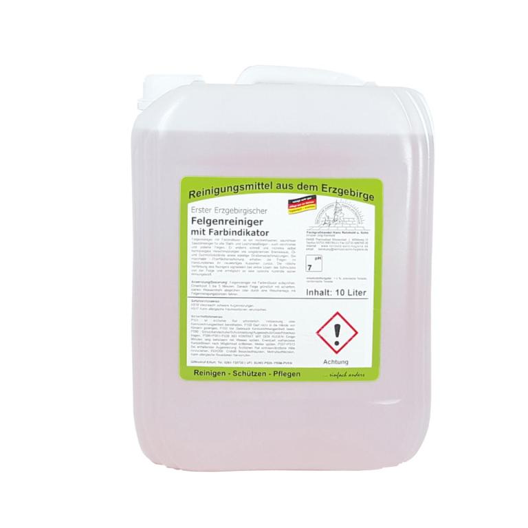 Image Erster Erzgebirgischer Felgenreiniger mit Farbindikator | 10 Liter säurefreier Spezialreiniger für alle Stahl- und Leichtmetallfelgen - auch verchromte, polierte, lackierte und folierte