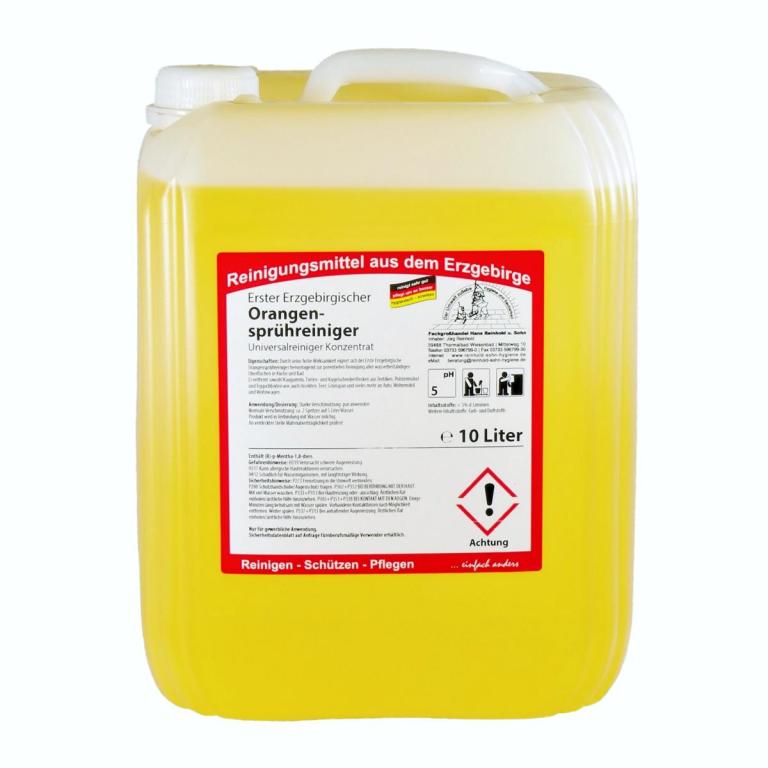 Image Erster Erzgebirgischer Orangensprühreiniger | 10 Liter porentiefe Reinigung, entfernt Kaugummi, Tinten- und Kugelschreiberflecken, Insekten, Teer, Grünspan und vieles mehr