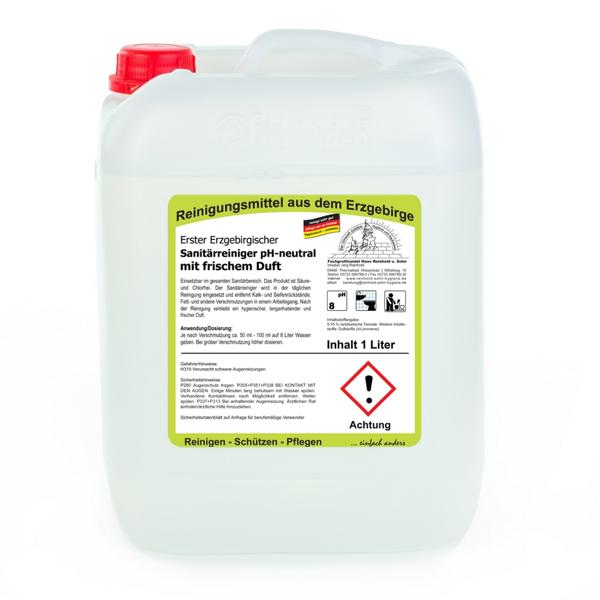 Image Erster Erzgebirgischer Sanitärreiniger pH-neutral mit frischem Duft | 10 Liter entfernt Kalk- und Seifenrückstände, Fett und andere Verschmutzungen in einem Arbeitsgang