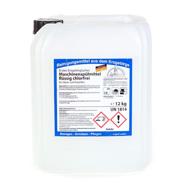 Image Erstes Erzgebirgisches Maschinenspülmittel flüssig chlorfrei |  12 kg für Gläser und Porzellan, mit großem Kanisterverschluss DIN 51