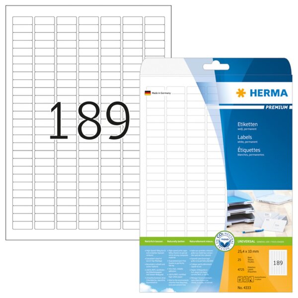 Image Etikett 25,4x10mm weiss PREMIUM A4 4725Et 25Bl 189Et Bl LaserInkCopy