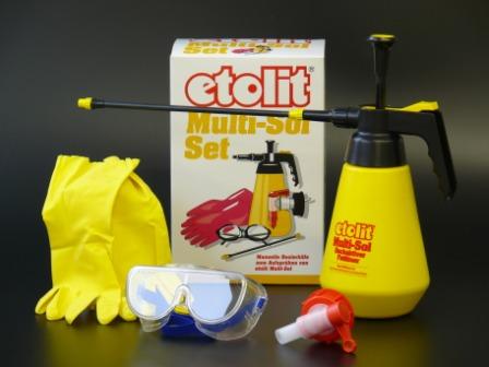 Image Etolit Multi-Sol-Set<br>1,5-Liter-Drucksprühpumpe mit Verlängerung + Schutzbrille + Handschuh + Auslaufhahn (DIN 51)