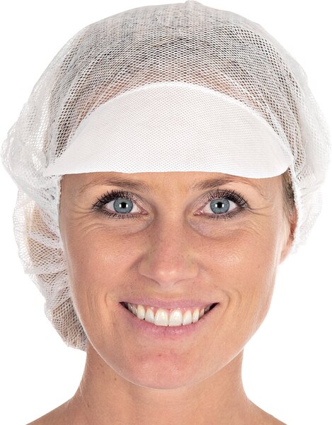 Image Baretthauben mit Schirm Viskose-Vlies weiß, Ø 48 cm, Spenderpox