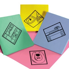 Image Feuchtwischtuch mit Piktogrammen 35 x 40 cm | 10 Stück/Pack<br>mit antibakterieller Ausrüstung, gelb - Waschbecken | rosa - WC | blau - Schreibtisch | grün - Küche